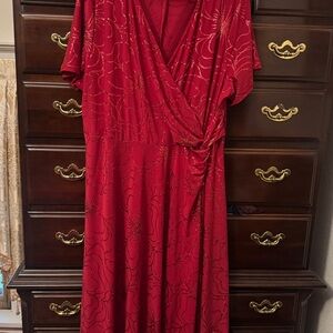 Perceptions Red Midi faux Wrap Dress with Dolman Sleeves